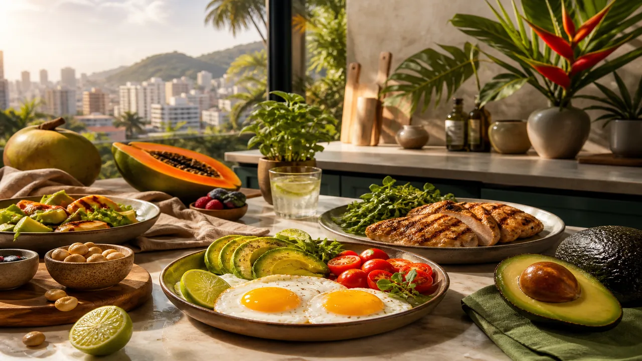 Brazilian kitchen counter with eggs, avocado, and grilled chicken for everyday keto recipes