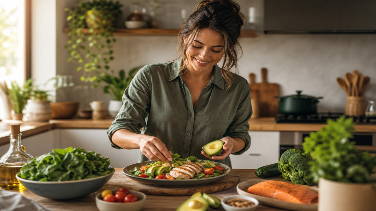 Cocina luminosa con ingredientes keto sencillos y móvil mostrando receta con macros