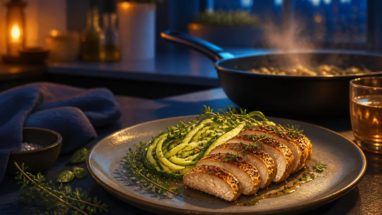 Cinematic illustration of a quick French keto dinner with herbs and a phone showing dinner slot net carbs