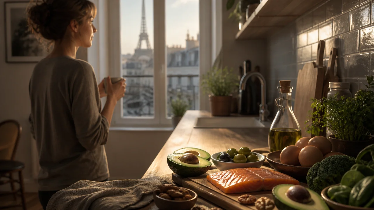 Cinematic illustration of a French kitchen with a beginner keto breakfast and a calm weekly plan on a phone