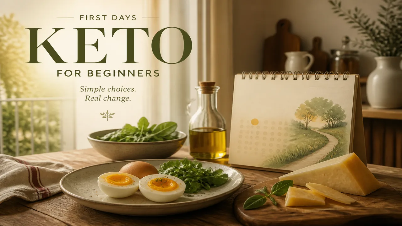 French kitchen table with eggs, cheese, and greens in soft dawn light for first keto days
