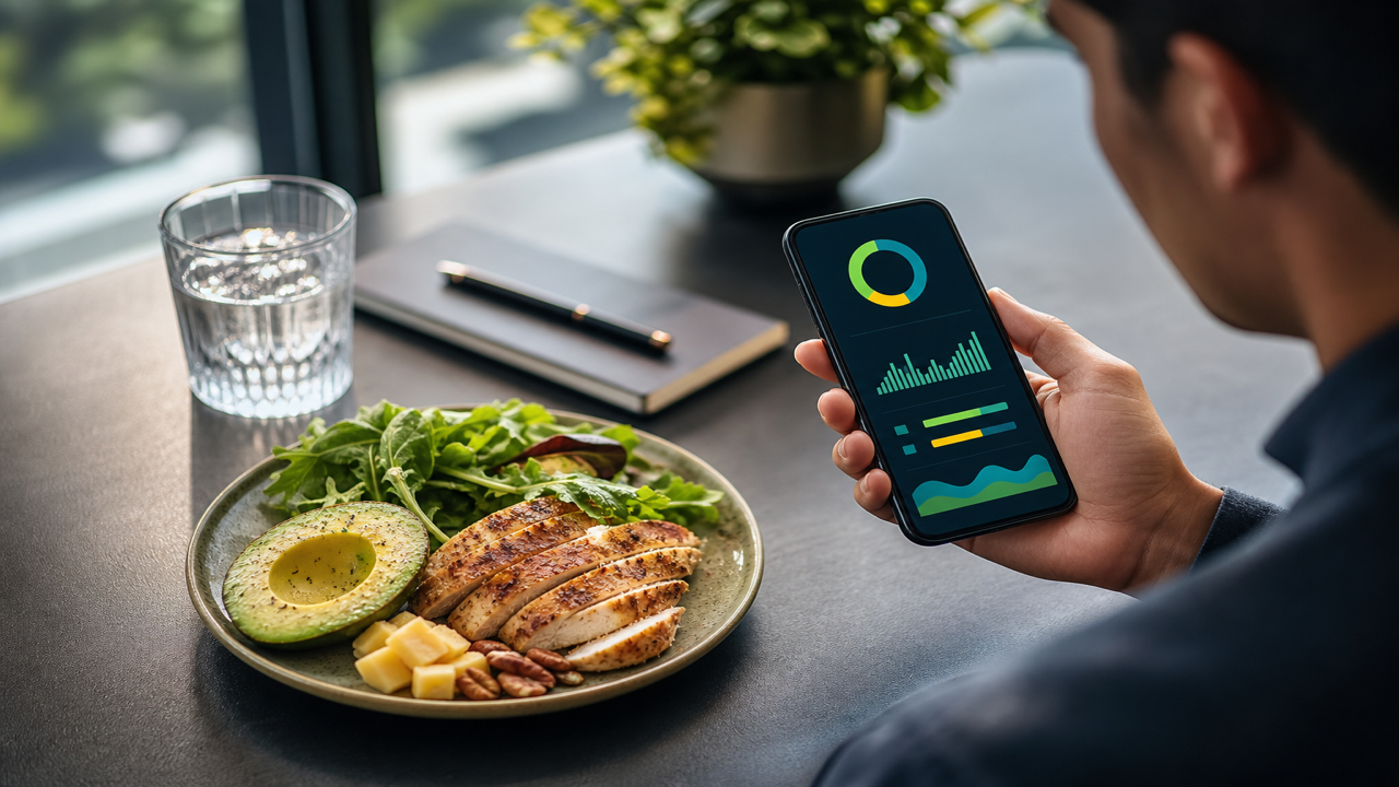 Smartphone avec vue journalière keto à côté d'une bouteille d'eau et d'un repas low carb
