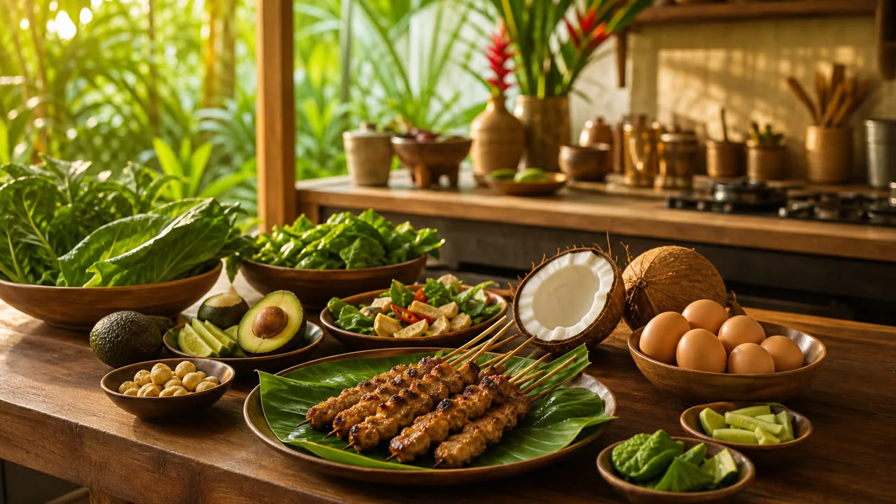Ilustrasi editorial dapur dengan ponsel menampilkan rencana makan keto personal dan bahan rendah karbohidrat