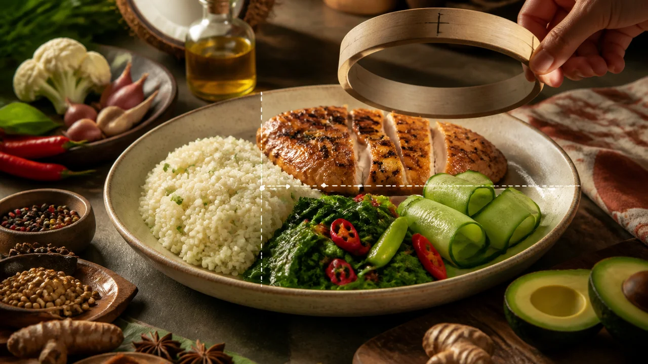 Cinematic illustration of Indonesian keto portions with tempeh beside a phone showing editable macro fields