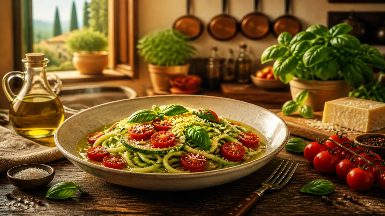 Italian everyday keto plate with zucchini, olive oil, tomatoes, and herbs
