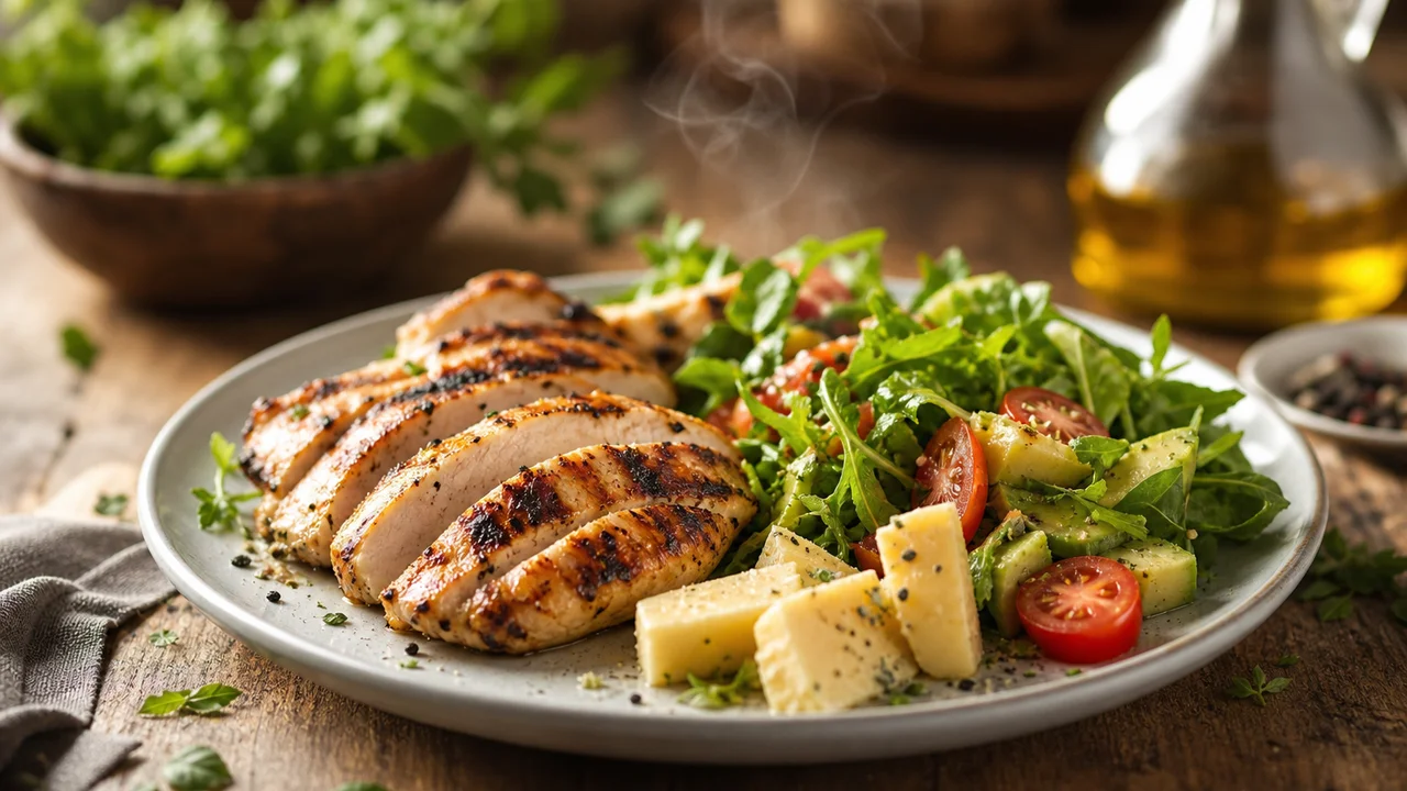 Illustrazione di piatti keto semplici su un tavolo con ingredienti freschi e luce da cucina