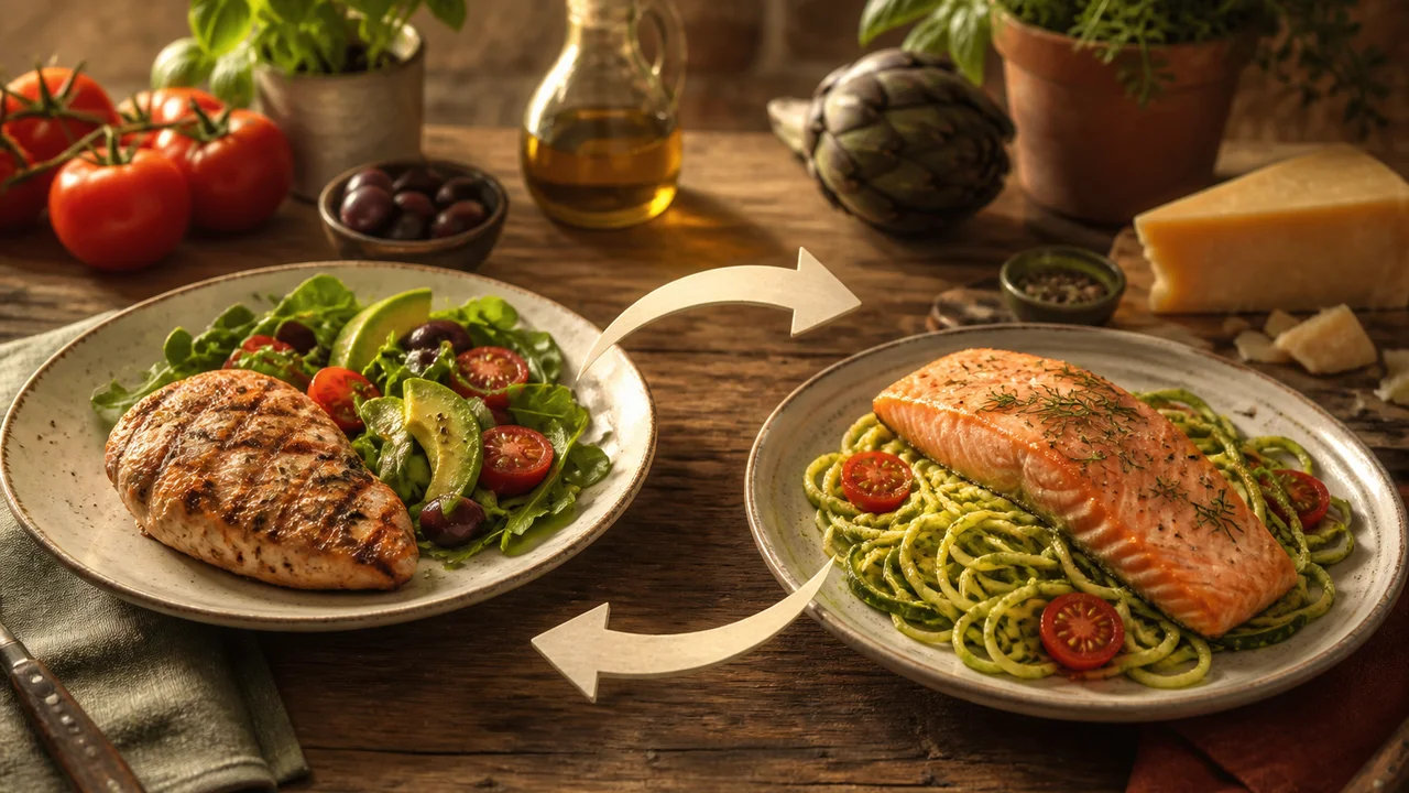 Cinematic illustration of two Italian keto plates and a phone showing a quick meal swap on the daily plan