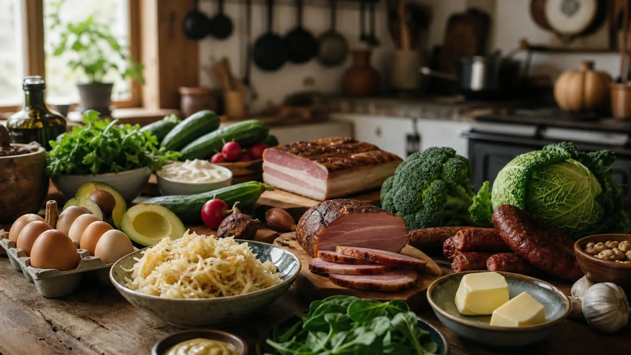 Ilustracja spersonalizowanego planu posiłków keto na telefonie obok świeżych składników low carb