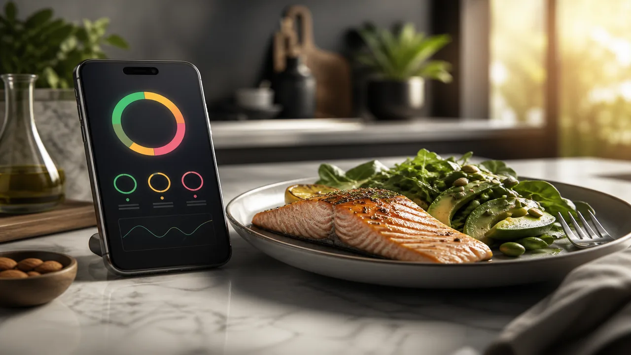 Plated salmon and greens beside a phone with soft macro rings in cinematic kitchen light