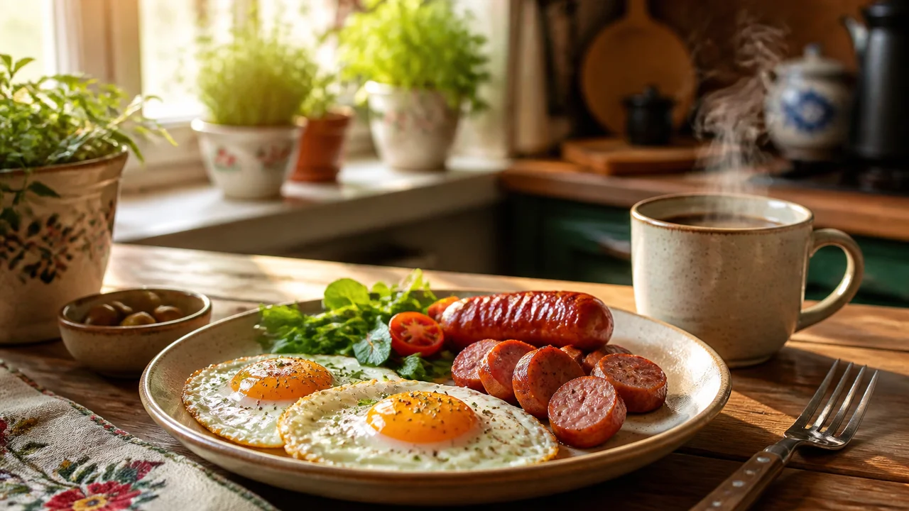 Cinematic illustration of a quick Polish keto breakfast with eggs beside a phone showing morning macro rings