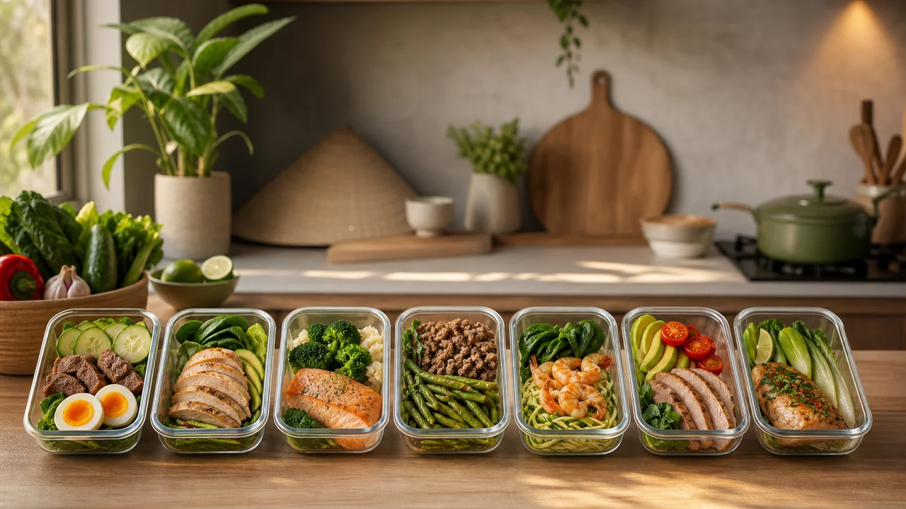 Minh họa bữa ăn đơn giản trứng rau và điện thoại hướng dẫn thực đơn keto 7 ngày