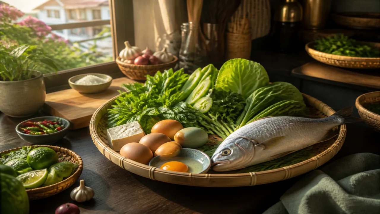 Vietnamese market herbs, fish, and eggs arranged for a local keto menu