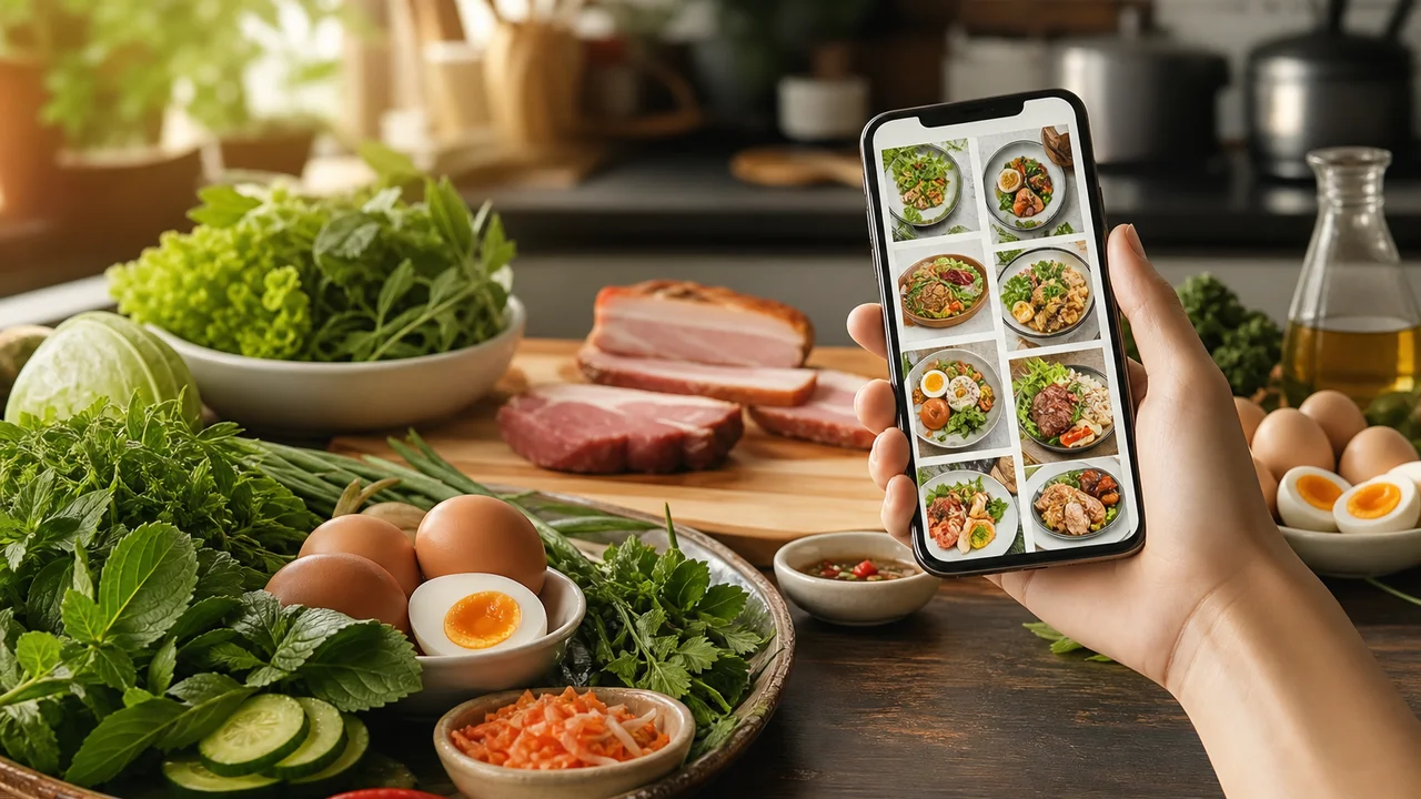 Minh họa biên tập bàn bếp với điện thoại hiển thị thực đơn keto và nguyên liệu low carb