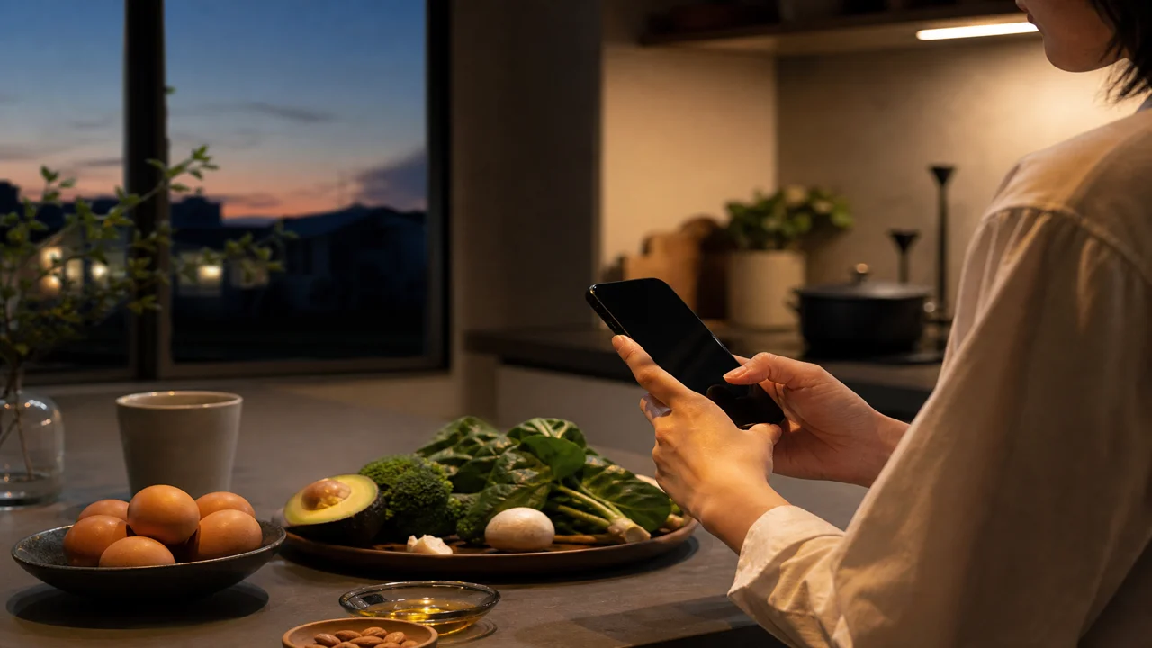 夕暮れのキッチンでスマホを手に糖質記録を想像させる静かな編集イラスト