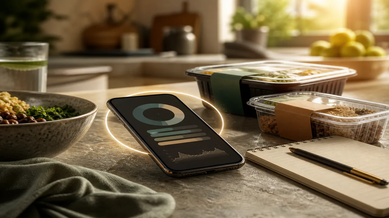 Phone day totals with soft recalibration glow beside packaged food on a kitchen counter