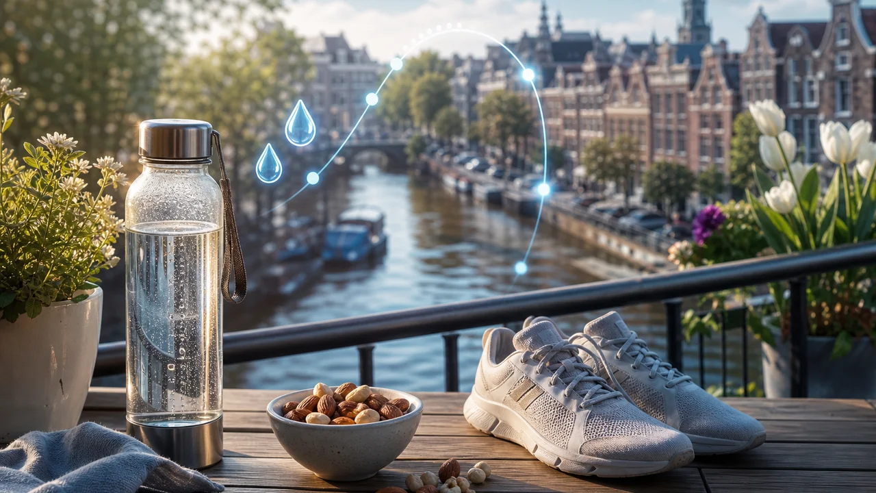 Ochtend op een Nederlands balkon met waterfles, wandelschoenen en low-carb snack