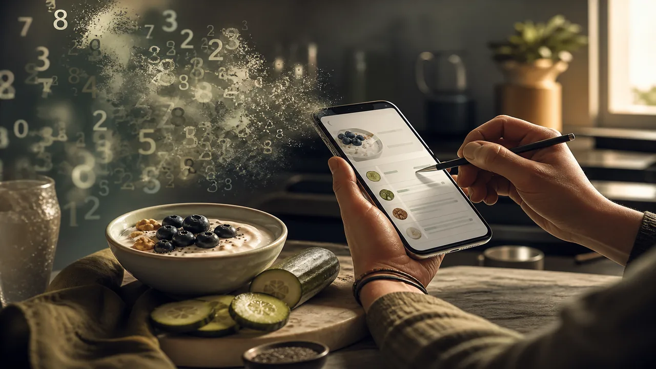 Hands editing a food log beside yogurt while absurd macro shapes dissolve softly