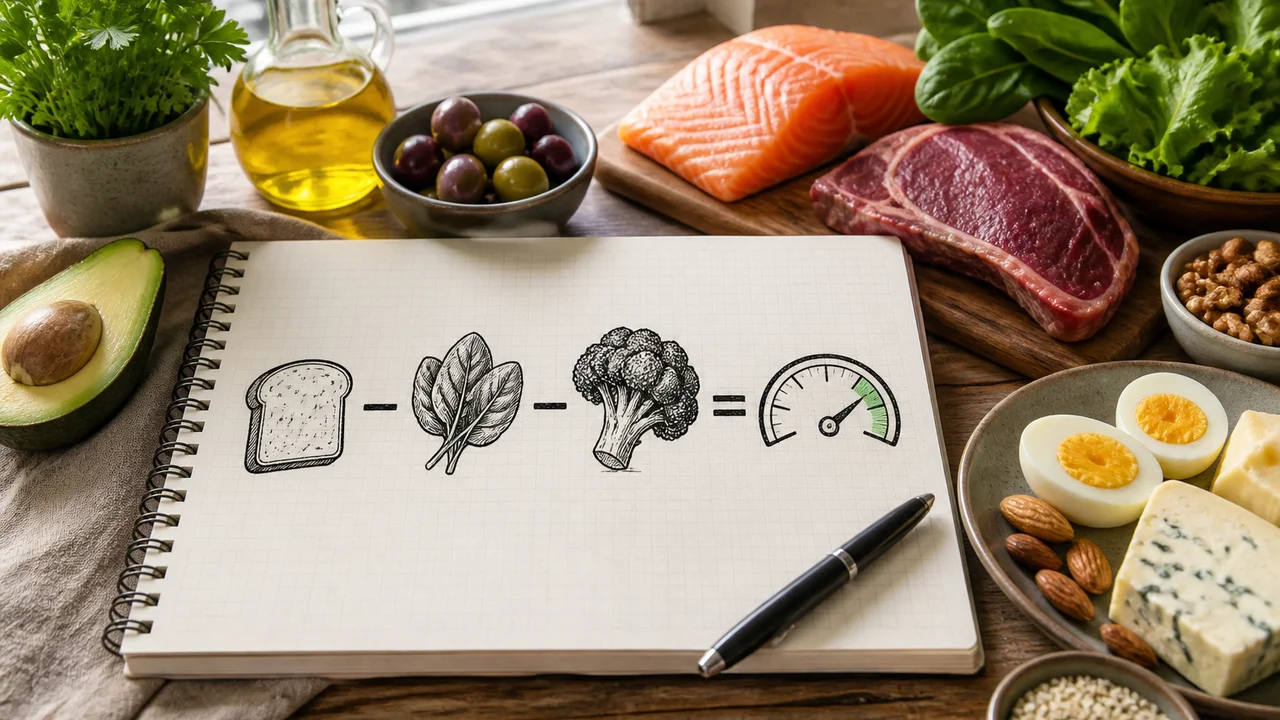 Cinematic illustration of a Polish food label beside a phone showing net carb calculation fields