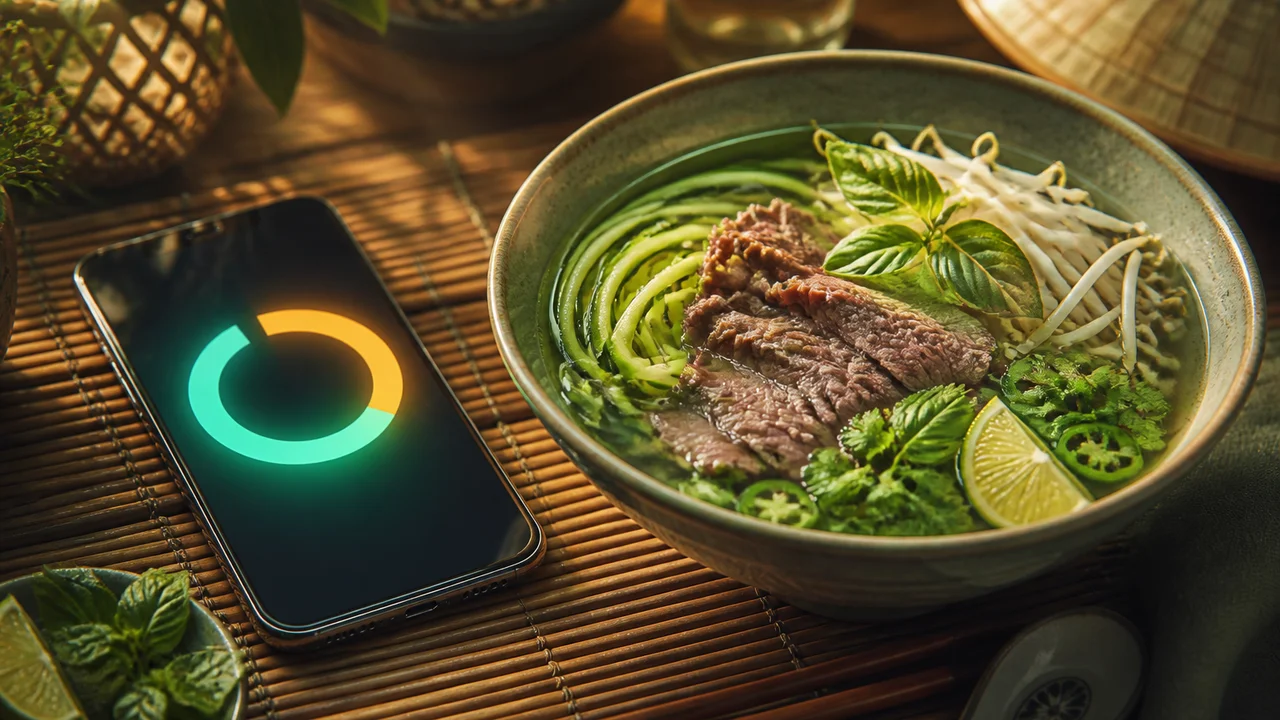 Cinematic illustration of a Vietnamese phone home screen with macro rings beside a keto lunch plate